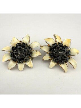 Vintage HAR Rhinestone Flower Earrings Enamel Clip On Fall Autumn Sunflower